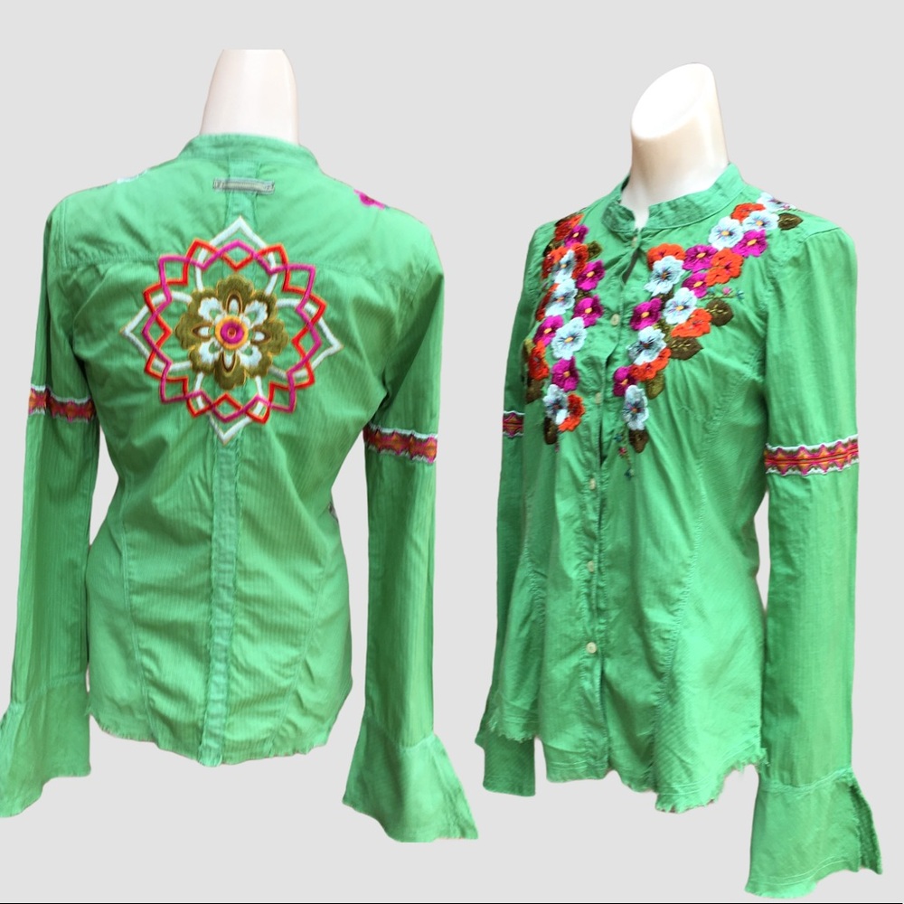 Johnny Was Bright Green Embroidered Floral Button-Down Shirt
